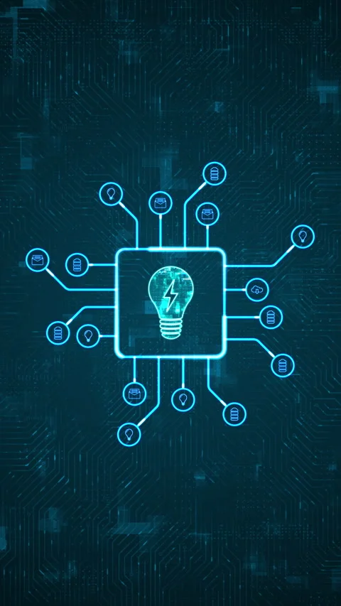Blue digital lamp logo and futuristic HUD technology circuit board Stock Footage 296757651