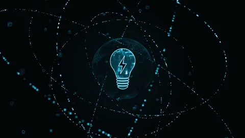 Blue digital lamp logo with particle ring circle rotation and earth sphere Stock Footage 252132767