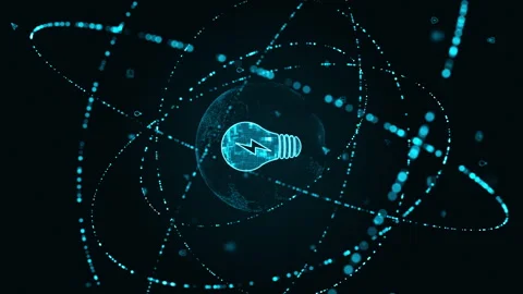 Blue digital lamp logo with particle ring circle rotation and earth sphere Stock Footage 265996498