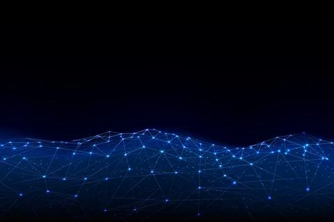 Blue digital landscape with interconnected nodes and lines, representing global Stock Illustration