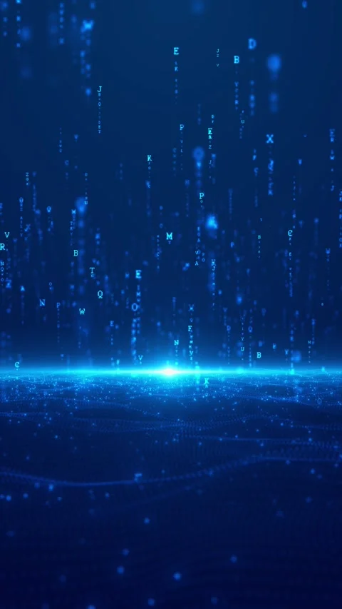 Blue digital letter rain background glowing alphabet streams, particle floor, Stock Footage 340479495