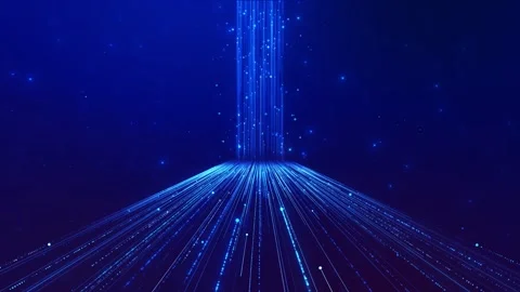 Blue digital light path portal glowing data lines, beam column, star particles, Stockbeeldmateriaal 340470497