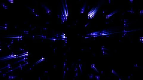 Blue digital light rays streaming through a dark abstract space Stock Illustration