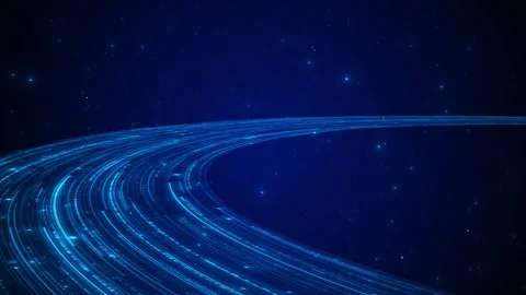 Blue digital light trail background curved speed lines, deep space stars, and fu Stock Footage 340477392
