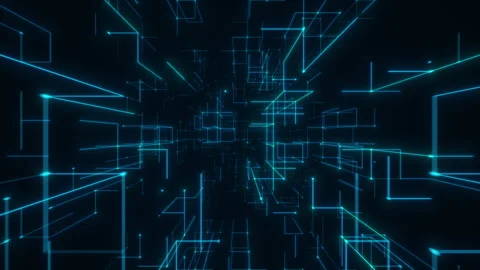 Blue Digital Light Trails in a Fast Futuristic Wireframe Tunnel. Looped 3D Stock Footage 325844115