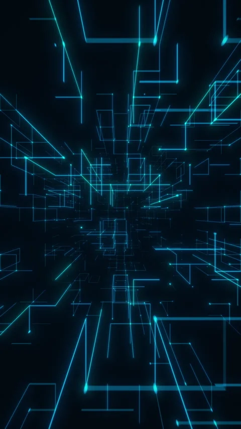 Blue Digital Light Trails Vertical Fast Futuristic Wireframe Tunnel. Looped 3D Stock Footage 335763046