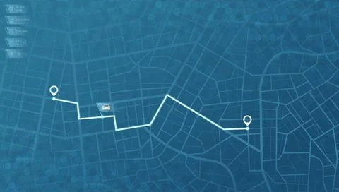 Blue Digital Map Interface with White Zigzag Route Line Connecting Two Location Stock-Illustration