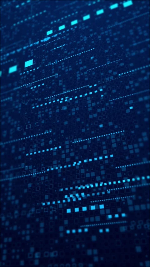 Blue digital matrix data glowing square blocks, dotted grid patterns, depth blur Stock Footage 340528006