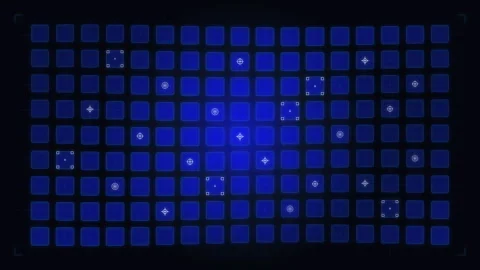 Blue digital matrix loop animation with glowing tech grid squares Stock Footage 346540223