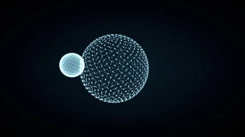 Blue digital network dots coalesce into two orbiting spheres before Stock Footage 345186062
