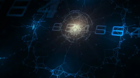 Blue Digital Network with Glowing Wireframe Sphere and Floating Data Nodes Stock Footage 348125897