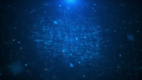 Blue digital network grid background glowing particles, circuit lines, data cube Stock Footage 340399436