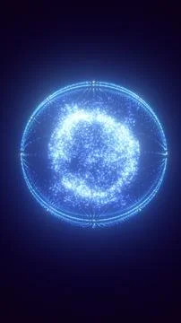 Blue digital particle globe with orbiting rings, futuristic network sphere .. Illustrazione stock