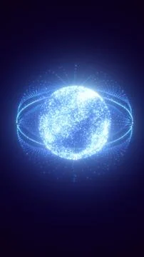 Blue digital particle globe with orbiting rings, futuristic network sphere .. Stock Illustration