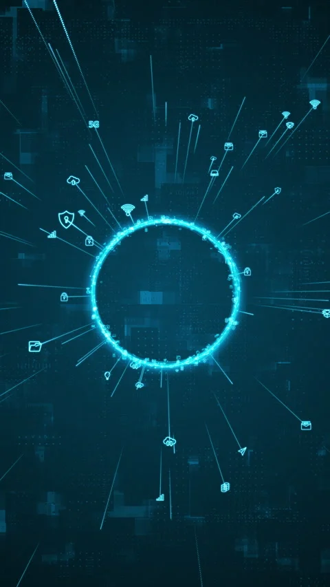 Blue digital particle ring rotation around logo with ai icon spread Stock Footage 292364862