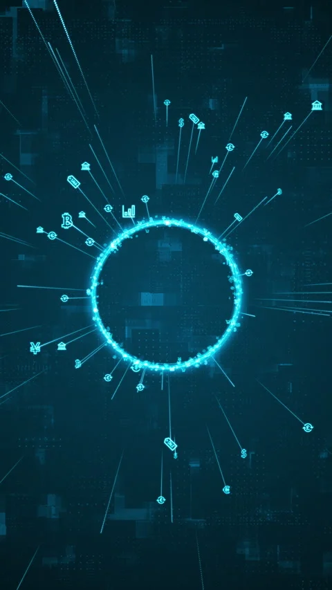 Blue digital particle ring rotation around logo with money icon Stock Footage 296757287