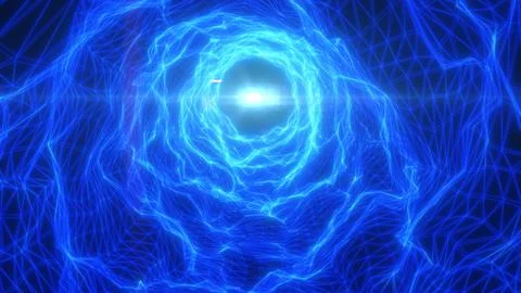 Blue digital particle wave and flowing mesh forms with lens flare, futurist.. イラスト素材
