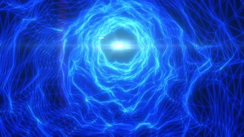 Blue digital particle wave and flowing mesh forms with lens flare, futurist.. 스톡 일러스트