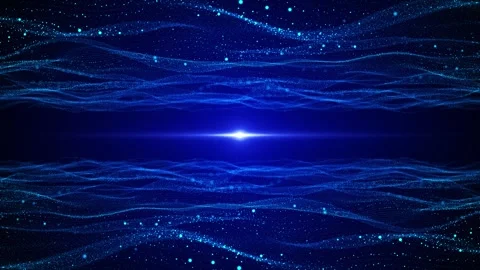 Blue digital particle wave background glowing cyan dots, mirrored flowing layers Stock Footage 340416413