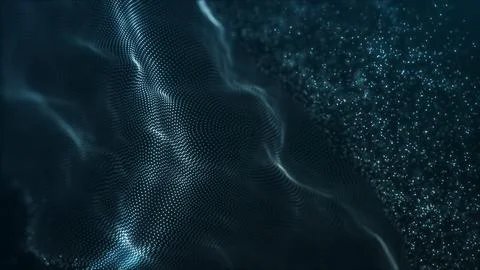 Blue digital particle wave with data cloud for AI analytics, technology ban.. Illustrazione stock