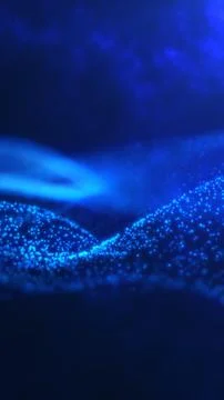 Blue digital particle wave with glowing dots and depth, futuristic data lan.. Ilustración de archivo