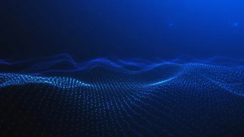 Blue digital particle wave landscape with glowing dots, abstract data grid .. 스톡 일러스트