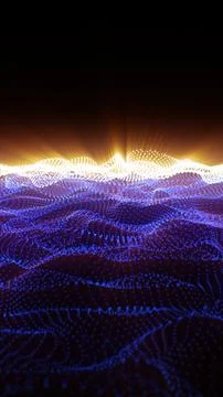 Blue digital particle waves forming a glowing horizon, representing data la.. Illustrazione stock