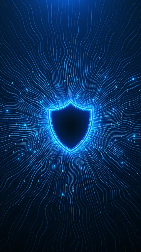 Blue digital protection shield with radiant cyber lines, binary symbols, Stock Footage 333980378