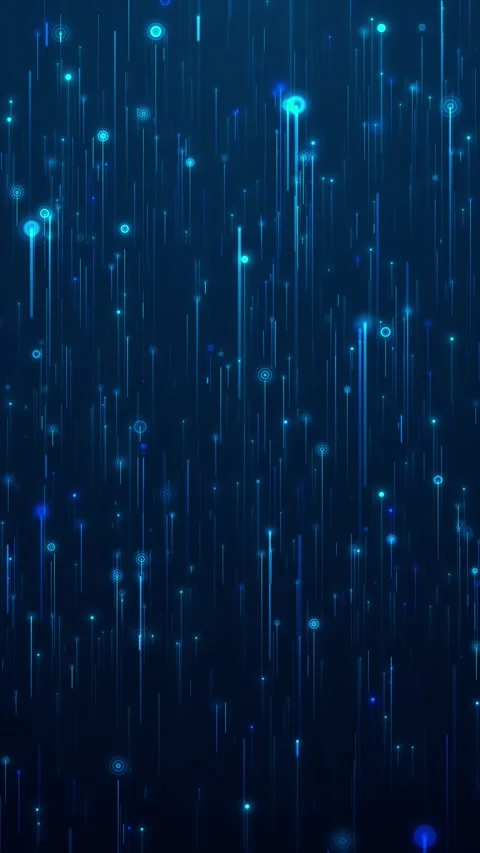 Blue digital rain data background vertical glowing lines, circular nodes, fallin Stock Footage 340576732
