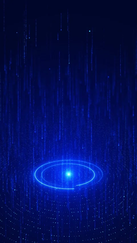 Blue digital rain portal background falling light streams, dotted floor, circula Stock Footage 340572681