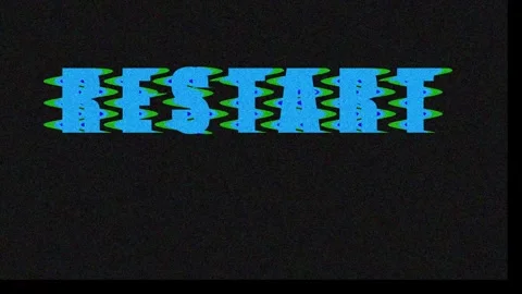 Blue digital restart text glitching with VHS effect in dark background for .. Video stock 343412379