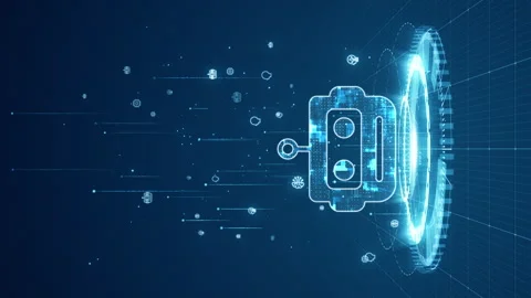 Blue digital robot head logo and circle futuristic HUD with Ai chatbot Stock Footage 248846073