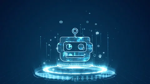 Blue digital robot head logo and circle futuristic HUD with Ai chatbot Video stock 248846074