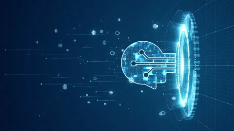 Blue digital robot head logo and circle futuristic HUD with Ai chatbot Stock Footage 248989219