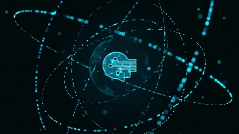 Blue digital Robot head logo with particle ring circle rotation Stock Footage 265480234