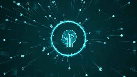 Blue digital robot head logo and AI icons ring rotation around logo Stock Footage 268255173