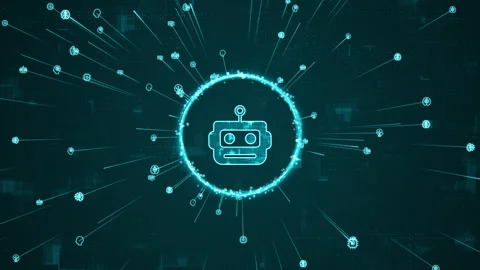 Blue digital robot head logo and AI icons ring rotation around logo with ai icon Stock Footage 268255199