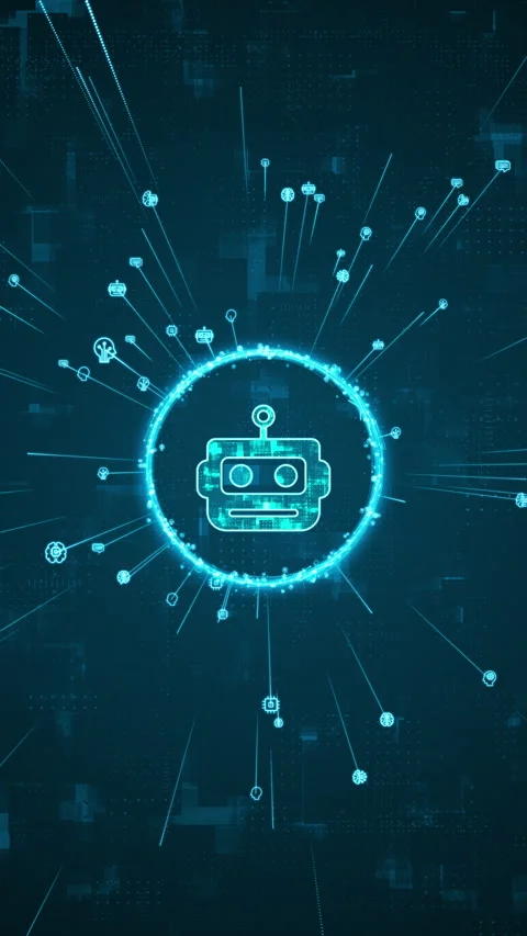 Blue digital robot head logo and AI icons rotation around with ai icons Stock Footage 292358900