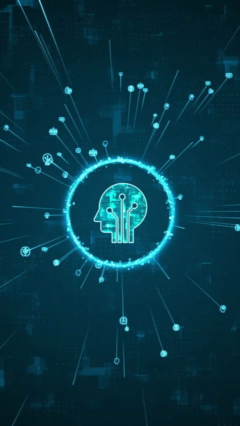 Blue digital robot head logo and AI icons rotation around with ai icons spread Stock Footage 292358957
