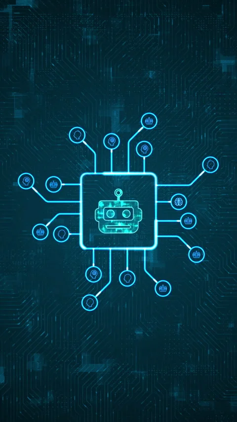 Blue digital Robot head logo and HUD technology circuit board with ai icon 스톡 동영상 296757383
