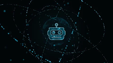 Blue digital Robot logo with particle ring circle rotation and ai technology Stock Footage 252132500