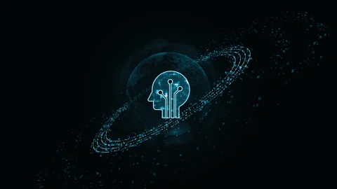 Blue digital Robot logo with particle ring circle rotation and ai technology Stock Footage 254087903