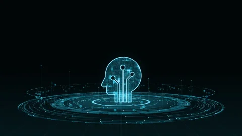 Blue digital Robot logo with particle ring circle rotation Stock Footage 257514817
