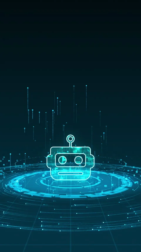 Blue digital Robot logo with particle ring circle rotation Stock Footage 275350396