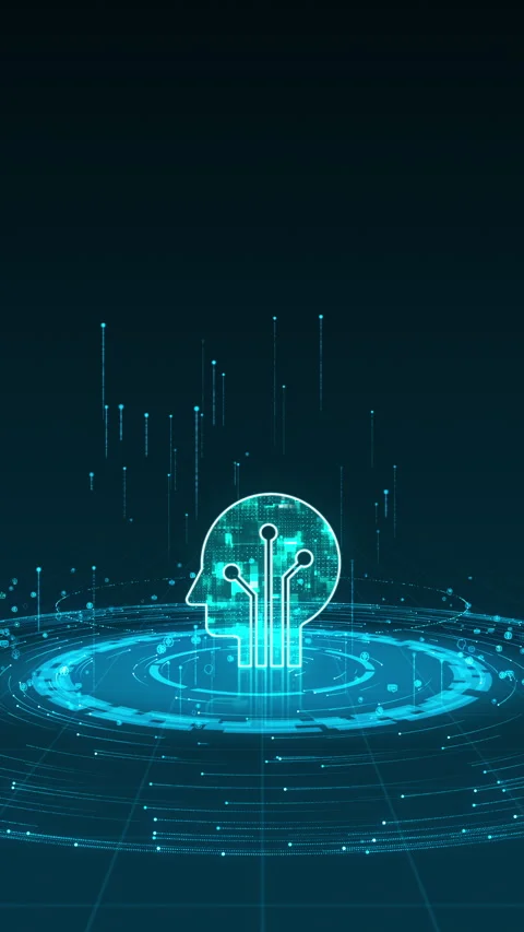 Blue digital Robot logo with particle ring circle rotation and ai icons Stock Footage 285871564