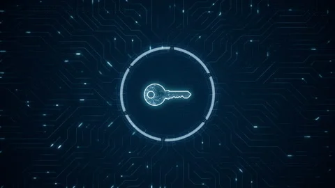 Blue digital security key logo and futuristic technology circle HUD Stock Footage 238917116