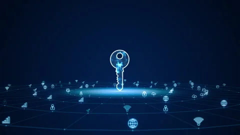Blue digital security key logo with futuristic technology icon and line Stock Footage 248369630