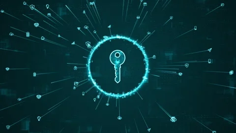 Blue digital security key logo and ring rotation around logo with ai icons Stock Footage 268255440