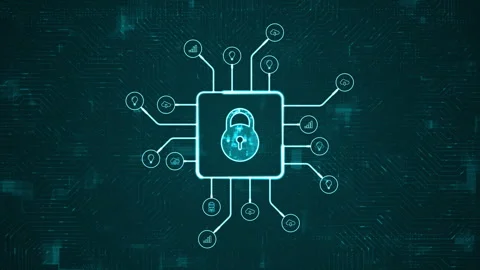 Blue digital security key logo and futuristic HUD technology circuit board Stock Footage 282195532