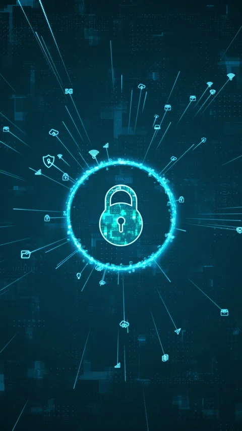 Blue digital security key logo and ring rotation around with ai icon Stock Footage 292358798
